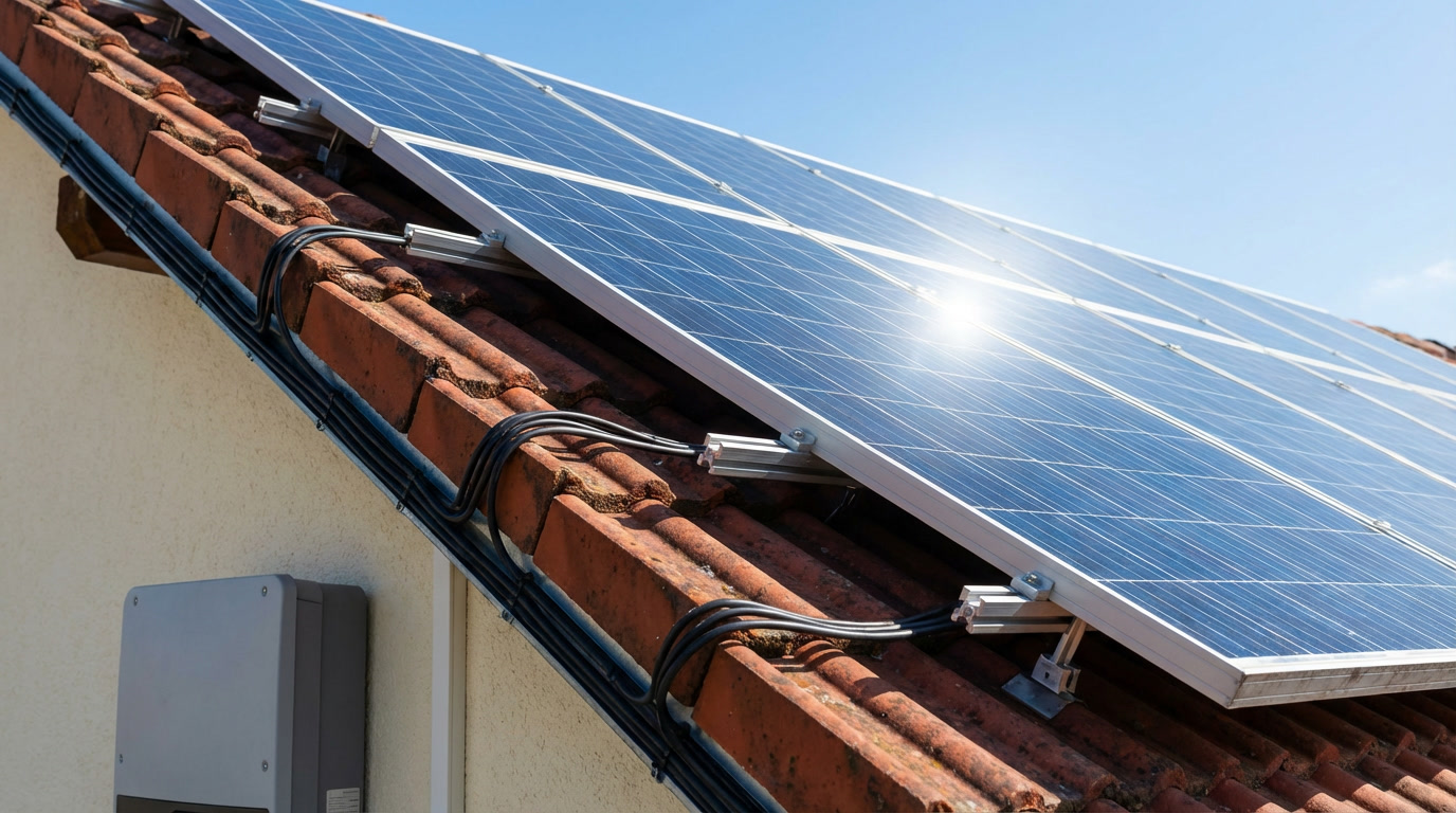 Photovoltaik-Anlage auf Hausdach mit Wechselrichter