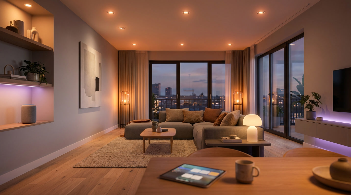 Modernes Wohnzimmer mit Smart Home Beleuchtung