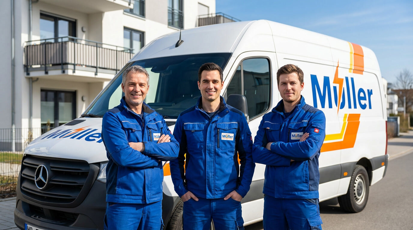 Elektro Müller Team vor Firmenfahrzeug