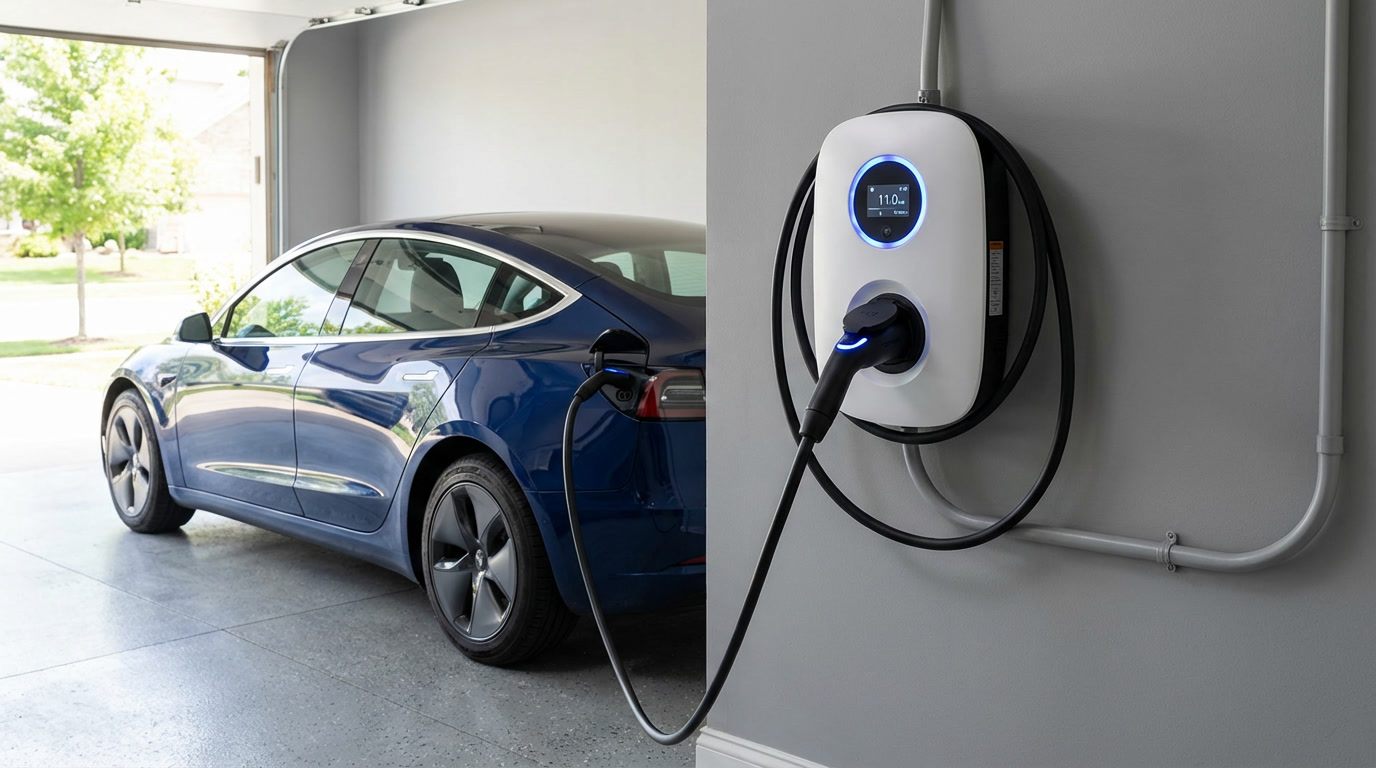 Wallbox Ladestation mit ladendem E-Auto in Garage